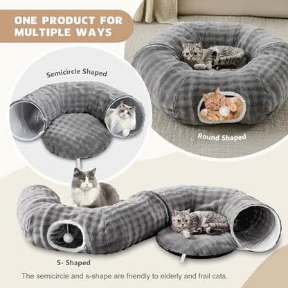 Bubble Cat Tunnel for Indoor Cats, Round Peekaboo Cave Toy with Dangling Balls, Donut Tunnel Bed with Circle Mat for Puppy Kitten Rabbit, Grey - color: Grey