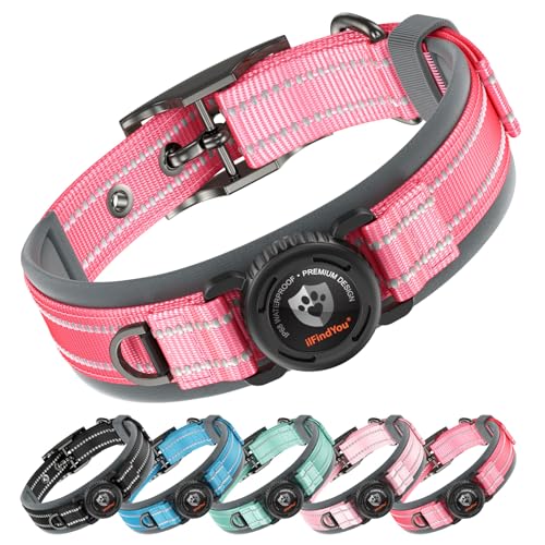 Dog Collar with Airtag Holder for Medium Dogs, Waterproof Air Tag Dog Collar Widened Comfortable Padded, Reflective, Ultra-Durable, Heavy Duty Dog Collars Adjustable - M(15.5" - 20") Rose Red - color: Rose Red, size: M: 15.5 - 20"