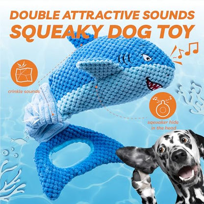 LEGEND SANDY Squeaky Dog Toys for Large Dogs – Interactive Plush Shark Toy with Crinkle & Tug of War Tail, Puppy Chew Toys for Small Medium Large Breeds - color: Blue