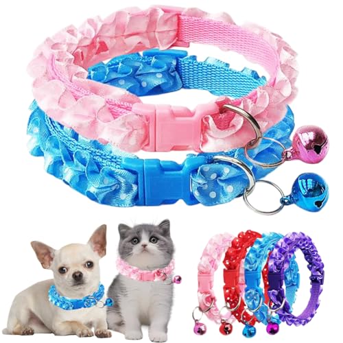 Collar with Bell for Dog Puppy, Bell Collar for Cats Puppy Collar Girl Lace Adjustable for XXS Xs Small Pet Dogs Animal Litter Tiny Kitten Female, XSmall,Pink+Blue - color: Pink Blue, size: Neck 7.5-12.6"