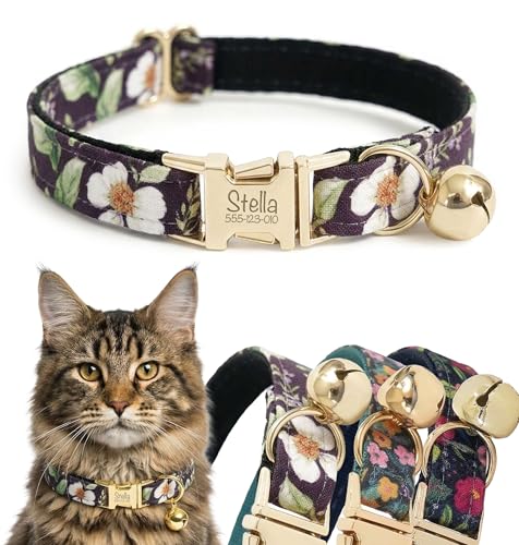 Engraved Floral Cat Collar with Removable Bow Tie - Personalized ID Tag & Safety Bell, Adaptive Polyester Design, （Non-Breakaway） - Floral Pattern Collection - color: Black Mums, size: S