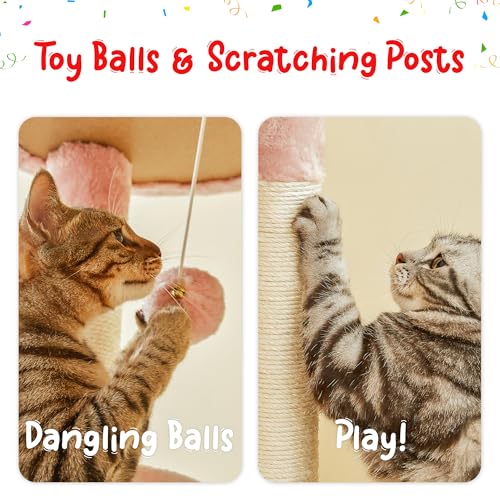 Pink Cat Tree, Floor to Ceiling Cat Tower Adjustable Height [92.9-102.4 in=235-258cm], 7 Tiers Cat Climbing Play House with Scratching Post, Cozy Condo & Hammocks for Indoor Cats - color: Pink