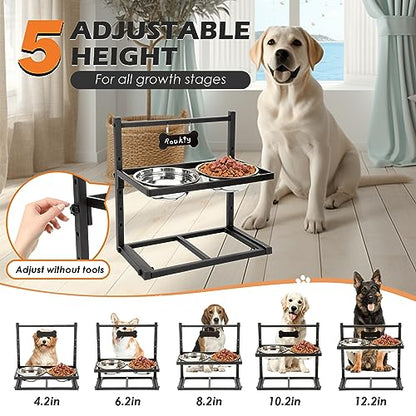 ADENGL Elevated Dog Bowls with Slow Feeder Dog Bowls, 5 Height Adjustable Raised Bowl Stand with 2 Stainless Steel Food & Water Container, Pet Bowl Elevated for Medium Large Pet - color: Grey, Slow Feeder, size: Large Dogs