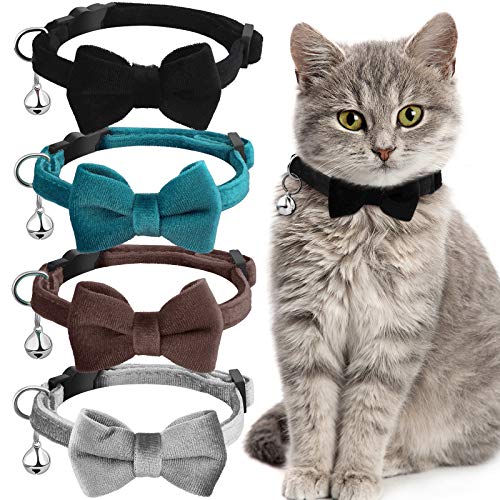 4 Pieces Cat Bow Tie Collar with Bell Breakaway Cat Comfortable Velvet with Cute Safety Pet Collar for Pet Kitten Puppy(Small,Black, Gray, Coffee, Blue) - color: Black, Gray, Coffee, Blue, size: Small