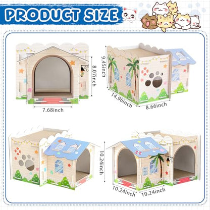 Lineshading 2 Story Cardboard Cat House with Scratcher Pad, Multi Level Durable Cat Scratcher House for Small Kitten Bunny Rabbit Animals Christmas Birthday Gift(17x12x10,Beach) - style: Beach