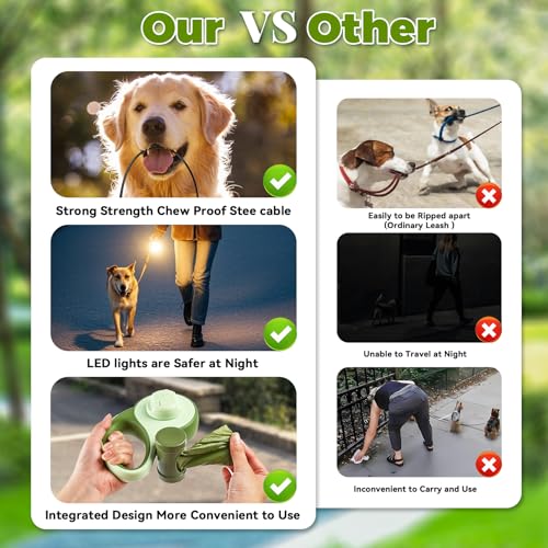 26ft Heavy Duty Retractable Dog Leash for Large Dogs, Dog Leash with Poop Bag Holder, Up to 100lbs, with LED Light, Chew Proof Cable, One-Handed Pause & Lock, 360° No Tangle. (Green, 26Ft) - color: Green
