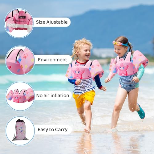 Toddler Swim Vest Floaties for 22-66 lbs / 2-6 Y Kids Swim Jacket with Adjustable Safety Buckle Arm Wings Swim Training for Boys and Girls Beach Boating Pool Floats - color: Pink Starfish