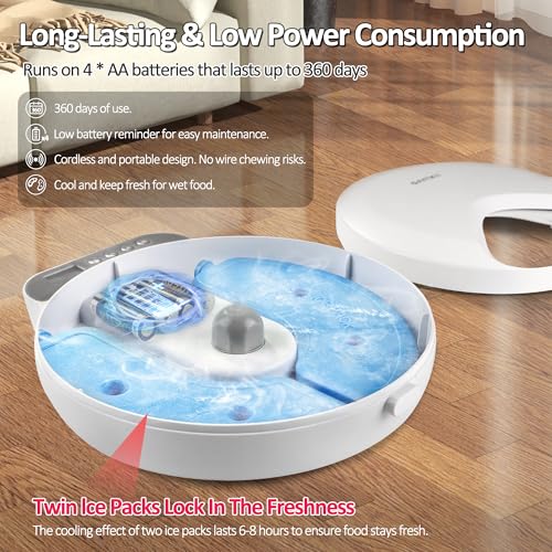 QXQIN Automatic Cat Feeder Wet Food, 4 Meals Cordless Auto Refrigerated Pet Feeder with 2 Ice Packs & Meal Cover, Programmable Timer & 4PCS AA Batteries Included for Cats Small Dogs-ABS Food Tray