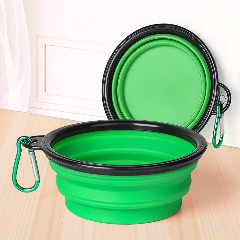 Collapsible Dog Bowls with Bottle Carrier, 1 Pack Travel Dog Water Bowl Upgraded Carabiner, One-Piece Molded Rim No Fall Off or Crack, Foldable Silicone Portable for Pets Walking Hiking 12oz,(Green) - color: Green