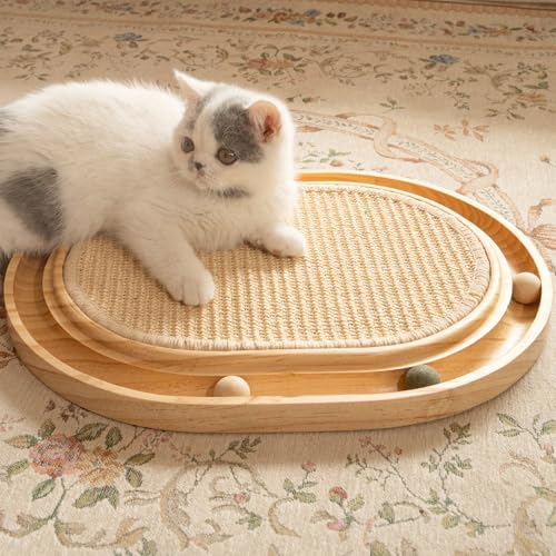 CHEERHOME PETS Cat Scratcher, Sisal Scratching Pad for Indoor Wooden Interactive Cat Puzzle Toy with Ball for Kitten Mental Stimulation Self Play Home Enrichment and Physical Exercise