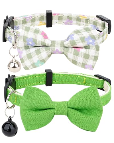 Cat Collar with Bow Tie Bell Breakaway Bowtie 2pcs Set Spring Plaid Flower Floral Solid Boy Girl Cute Kitten Safety B [Plaid & Solid] Green - color: B [Plaid & Solid] Green