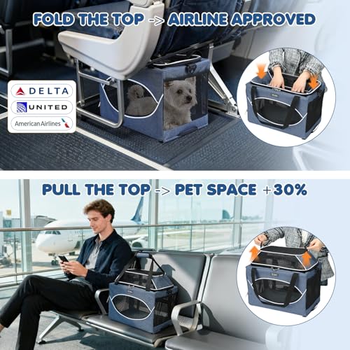 Top-Expandable Pet Carrier 18x11x11Inch Delta American United Airline Approved Underseat to 15lbs Stable Car Travel Carriers for Small Dogs Cats with Locking Safety Zippers Anti-Scratch Mesh - color: Blue, size: 18"x11"x11"