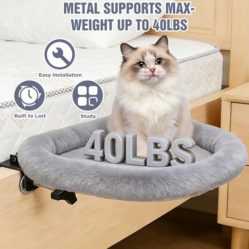 IPOW Heavy Duty Steel Frame 180°Rotating Cat Bedside Bed Semi-Circular Cat Bed for Bedside, Soft Faux Rabbit Fur Material, Suitable for Various Desktops-Maximum Hold Up to 40lb - color: gray