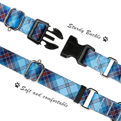 Hikiko Dog Collar for Small Medium Large Dogs, Adjustable Nylon Martingale Collars with Quick Release Buckle (Blue Plaid,M) - color: Blue Plaid, size: Medium