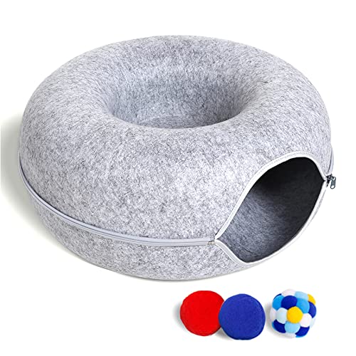 Cat Tunnel Bed for Indoor Cats with 3 Toys, Scratch Resistant Donut Cat Bed, Up to 9 Lbs (M 20x20x9, Light Grey) - color: Light Grey, size: M(20x20x9)