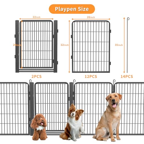 Dog Playpen Outdoor with Low Threshold Gate, 32 inch 14 Panels Dog Play Pen Indoors, Heavy Duty Metal Puppy Playpen Dogs Pen, Rust-Resistant Pet Playpens for Yard RV Camping - color: 14 Panels-32 Inch
