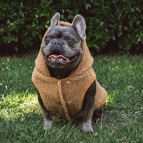 Tuff Pupper Fleece Dog Hoodie Sweater | Teddy Sherpa Outer & Soft Polar Fleece Lining | Adjustable Fit Winter Coat with Hood, Leash Hole, Ribbed Cuffs | for Small Medium Large XL XXL Dogs (Brown, S) - color: Brown, size: 15-25 lbs (Small)