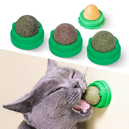 Potaroma Catnip Toys Balls 4 Pcs, Extra Cat Energy Ball, Edible Kitten Silvervine Toys for Cats Lick, Healthy Kitty Teeth Cleaning Dental Chew Toys, Cat Wall Treats (Green) - color: Green