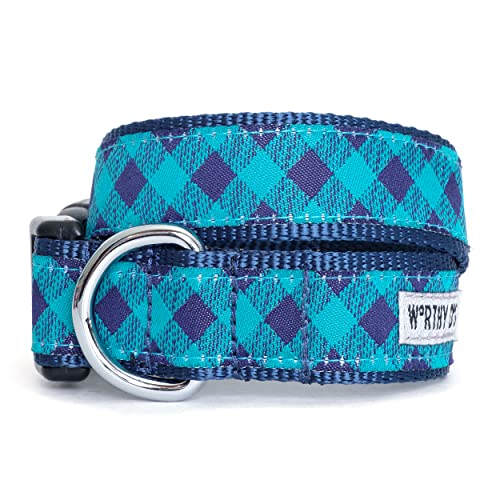 THE WORTHY DOG Collar for Small Dogs, Adjusts 6-12 inches, Durable Nylon Webbing, Quick Release Buckle, Bias Buffalo Plaid Pattern, Navy/Green, X-Small - color: Bias Buffalo Plaid - Navy/Green, size: X Small
