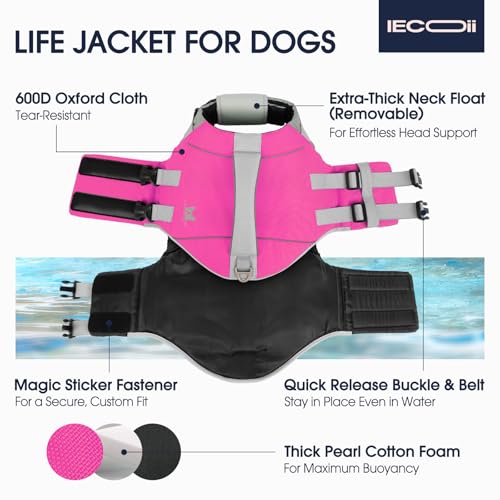 IECOii Large Dog Life Jacket for Swimming, Reflective Dog Floating Vest with Strong Life Handle and Metal D-Ring, Summer Beach & Pool Essentials Water Play Gear, Bright Pet Dogs Life Vest Rosered, L - color: Rose Red, size: Large Chest:22.8-29.5'')