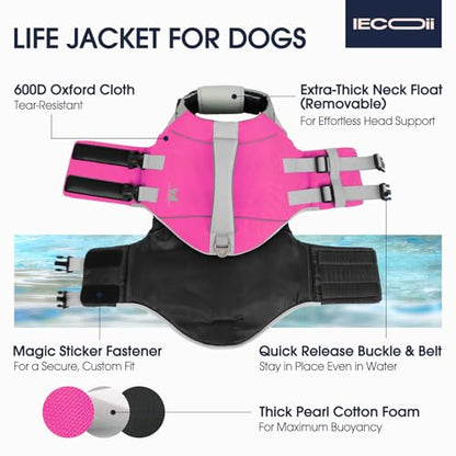IECOii Large Dog Life Jacket for Swimming, Reflective Dog Floating Vest with Strong Life Handle and Metal D-Ring, Summer Beach & Pool Essentials Water Play Gear, Bright Pet Dogs Life Vest Rosered, L - color: Rose Red, size: Large Chest:22.8-29.5'')