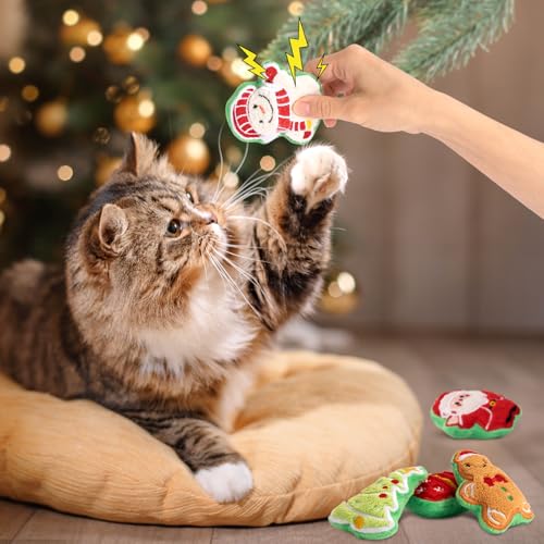 Retro Shaw Christmas Cat Toys, Xmas Catnip Toys for Indoor Cats Kitten Teeth Cleaning, Crinkly Interactive Cat Chew Nip Kitty Kicker Toy Santa Claus Trees Snowman, 5 Pack - size: 3.0 Inches