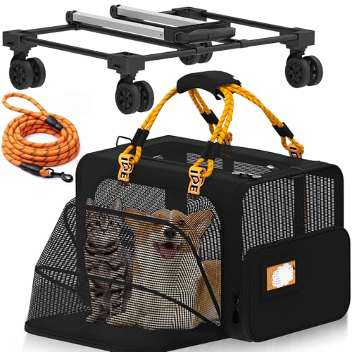 PAWZIDEA Expandable Large Pet Carrier with Wheels, 24x16x16 in Rolling Cat Carrier for 2–4 Cats up 55lb, Soft-Sided Collapsible Small Medium Dog Crate for Car Travel, Telescopic Handle, Storage Pocket - color: Black Warrior-Wheels-XL