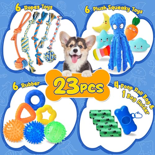 Puppy Toys 23 Pack, Interactive Dog Toys for Puppy Teething, Puppy Chew Toys with Squeaky Plush Toys, Rope Toys and Dog Treat Balls, Puppy Teething Toys for Small Dogs, Blue
