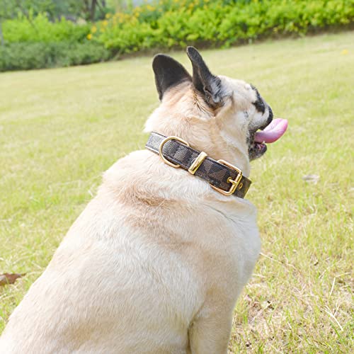 Leather Dog Collar and Leash Set, Check Pattern Dog Collar Leashes Metal Buckle Adjustable Durable for Small Medium Large Dogs (Brown, S(11.4-13.4IN)) - color: Brown, size: S(11.4-13.4IN)