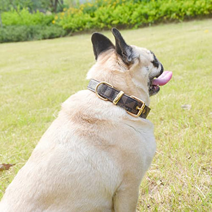 Leather Dog Collar and Leash Set, Check Pattern Dog Collar Leashes Metal Buckle Adjustable Durable for Small Medium Large Dogs (Brown, S(11.4-13.4IN)) - color: Brown, size: S(11.4-13.4IN)