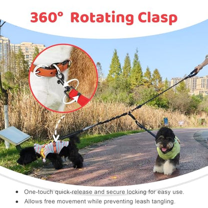 Double Dog Leash - No Tangle Splitter for Two Dogs, Coupler with Adjustable Long Lead Rope, Dual Control Handles, Retractable No Pull Bungee, Walk Train Small Medium Large 2 Pets (Red) - color: Red