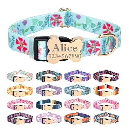 Personalized Custom Customized Silent No Jingle Dog Collar with Engraved ID Dog Name Phone Number/Dog Collars for Puppy X-Small Small Medium Large X-Large Boy Girl Dogs-Blue Flower-XS - color: 12 Blue Flower, size: X-Small (0.6" *7.8"-11.8")