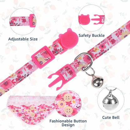 SCENEREAL Breakaway Cat Collar with Bandana Bell, Adjustable Pink Cat Collar for Girl Cats, Spring Summer Cute Kitten Collars - color: Pink Flower