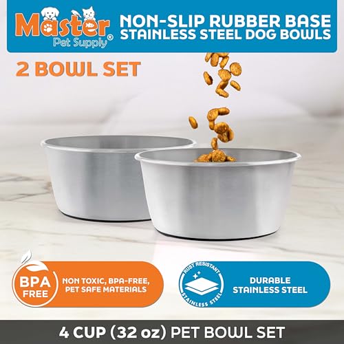 Master Pet Supply Stainless Steel Dog Bowls Set of 2 (32 Oz Each) with Non-Slip Rubber Base - Stainless Steel - Basic Dog Food Bowl Water & Food Bowls for Small Medium Large Dogs & Cats, Metal Dish - color: Stainless Steel, size: 4 Cups (32 oz) 2 Pack