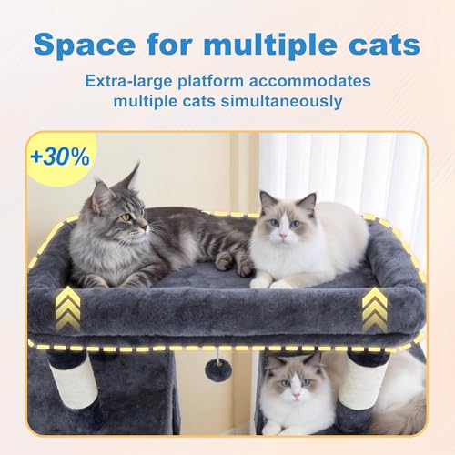 Hey-brother Cat Tree Tower, Large Sisal Scratching Posts with Big Platform, 3 Spacious Condos, Plush Hammock, Toy, 57.5 Inches Multi-Level Furniture for Indoor Adults Maine Coon, Smoky Gray MPJ083G - color: Smoky Gray