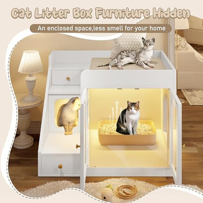 Merax Cat Litter Box Enclosure Furniture with Light,Hideaway Litter Box Furniture with 2 Storage Drawers for Living Room,White - color: White