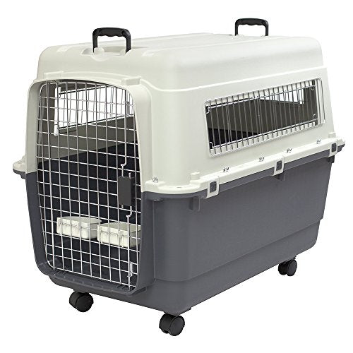 SportPet Airline Compliant X-LARGE 32.25" Travel Dog Kennel-Durable Plastic Airline Pet Carrier w/Removable Wheels & Food Bowls, Collapsible Indoor/Outdoor Dog Kennel, Dog up to 32"L & 23"H-Cream/Gray - color: Cream/Gray, size: 35.5"L x 23.8"W x 26.8"H