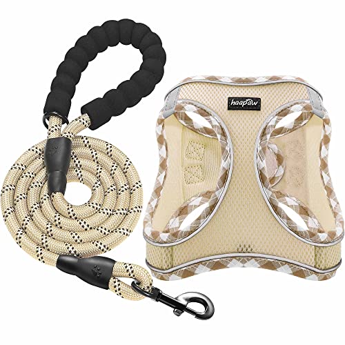 haapaw Dog Harness with Leash Set, No Pull Adjustable Reflective Step-in Puppy Harness with Thickened Padded Vest for Extra-Small/Small Medium Dogs - color: Beige, size: S
