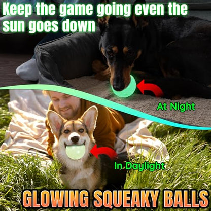 LECHONG 4-Pack 2.5” Glow in The Dark Squeaky Dog Balls, Durable Glowing Bouncy Rubber Fetch Toy Balls for Small Medium Puppy Dogs Nighttime Playing Indoors and Outdoors - size: 2.5in Medium