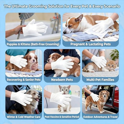 Pet Glove Wipes, No Rinse Deodorizing Mittens for Sphynx, Devon Rex, Cats & Dogs, Thickened Hypoallergenic with Aloe Vera, Unscented Full Body Grooming, Daily Care & Travel, 12 Count