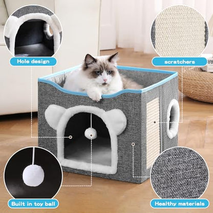 Cat House for Indoor Cats, Large Cat Bed Cave with Scratch Pad and Fluffy Ball, Foldable Cat Hideaway Condo, Kitten Bed, 16x16x13inch (Grey, Large) - color: Grey