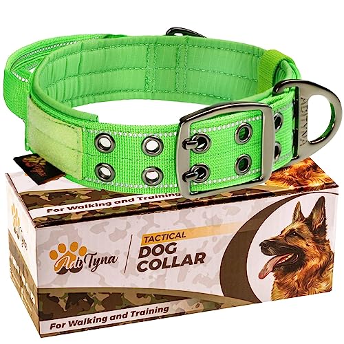 ADITYNA Heavy Duty Dog Collar for Medium Dogs - Reflective Green Collar with Handle for Training, and Walking - Wide, Thick, Tactical, Soft Neoprene Padded - color: Green, size: Medium: Fit 15-19" Neck