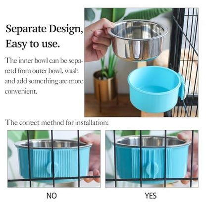 kathson Crate Dog Bowl 2pcs, Removable Stainless Steel Hanging Pet Kennel Cage Bowl Food & Water Feeder Coop Cup for Puppy, Cat, Rabbit, Guinea Pigs (2 PCS, Size: L, Blue and Green) - color: Size: L (Blue, Green), size: 2 PCS