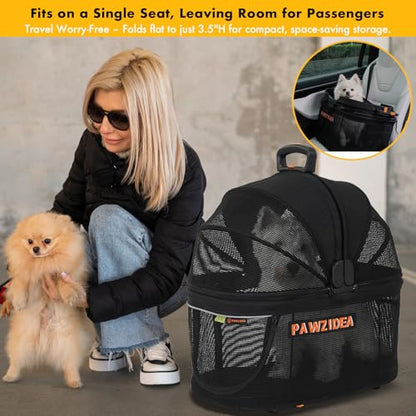 PAWZIDEA Portable Small Dog Crate for Car Travel up to 33lb, Enclosed Dog Car Seat Soft-Sided, Escape-Proof Reversible No-Zip Canopy, Foldable Pet Carrier Seatbelt for Small Medium Puppy & Cats Kennel - color: Full View Mesh, Small/Medium