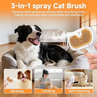 Pet Steam Brush for Dog & Cat – 3-in-1 Spray Hair Removal Comb for Shedding & Grooming, Softens Fur & Reduces Static – Water Brush for Long & Short Coats, Bath-Hating Pets, Includes Waterless Shampoo - size: 7.8″-171ML