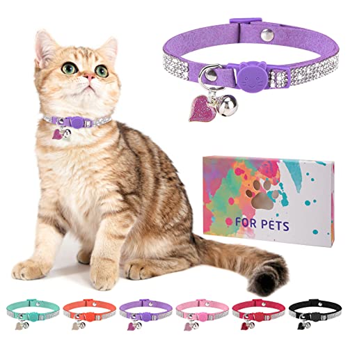 Rhinestone Cat Collar Breakaway with Bell, Diamond Cat Collar with Safety Buckle Quick Release for Girl Boy Small Kitten Pets Puppy,Cute Soft Female Male Cat Collars, Color Purple 8-12" - color: Purple (1 Pack), size: 8"-12" Cats / Mini Dogs