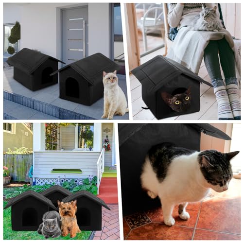 Soaoo 3 Pcs Cat Houses for Outdoor Stray Cats Shelter Weatherproof Outside House Indoor Foldable Pet Cave with Tent Stakes for Wild Animal Dogs(Pure Black Style) - style: Pure Black Style