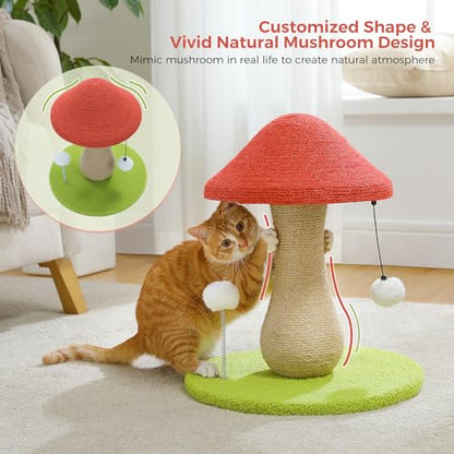 PETEPELA Mushroom Cat Scratching Post, Cat Scratcher Cute with 100% Sisal Covered Scratching Post & Pompoms Toy, Mushroom Cat Post for Indoor Cats - color: Mushroon Pink