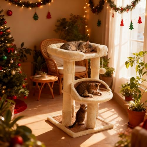 Multi-Level Cat Tower with Scratching Posts, Cat Tree with Double Cat Bed & Hanging Toys, Cute Climbing Tower with Sisal Scratcher for Kittens & Adult Cats, Cream White - color: Cream White