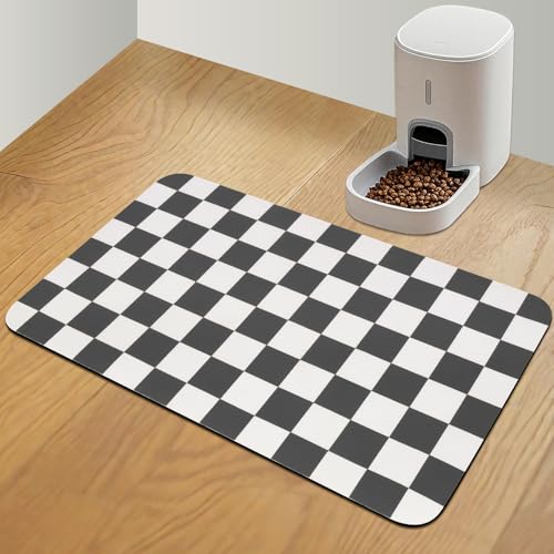 CooRug Checkered Dog Food Mat, Absorbent Leak-Proof Pet Feeding Mat, Quick Dry Cat Food Mat for Messy Drinkers 16" x 24" Black - color: Black, size: 16" x 24"